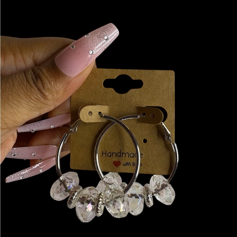 Handmade Silver Hoop Earrings with Clear Beads